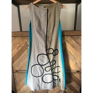 Mixed Material Linen and Cotton Sleeveless Dress Flax and Turqoise Small/Medium